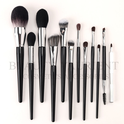 Siyah Ahşap Saplı 12-16cm12 Parça PU Kılıflı Makyaj Fırçası Seti